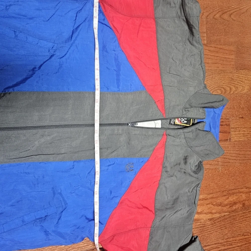 Bold Red and Blue Windbreaker with Retro Vibes